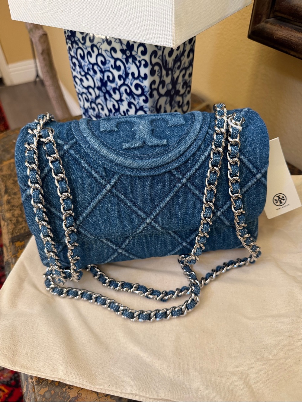 Tory Burch Quilted Denim Chain Shoulder Bag in Blue